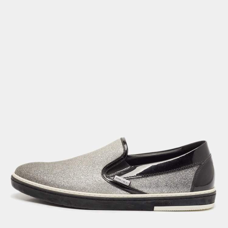 Pre Owned Jimmy Choo Black/Silver Patent Leather and Glitter Slip On Sneakers Size 44