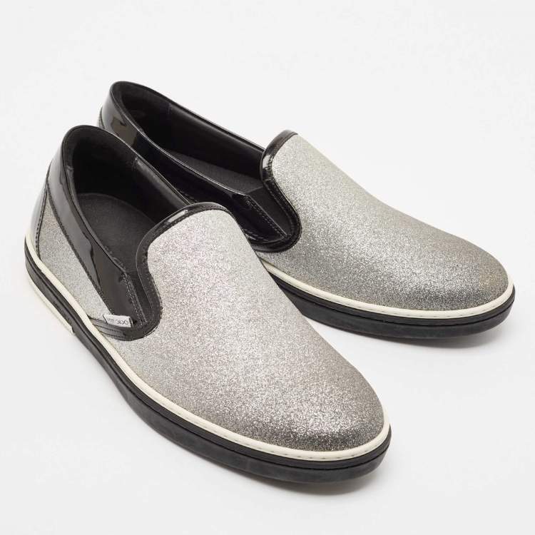 Pre Owned Jimmy Choo Black/Silver Patent Leather and Glitter Slip On Sneakers Size 44