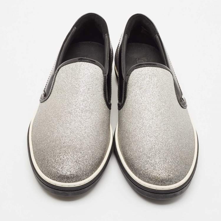 Pre Owned Jimmy Choo Black/Silver Patent Leather and Glitter Slip On Sneakers Size 44