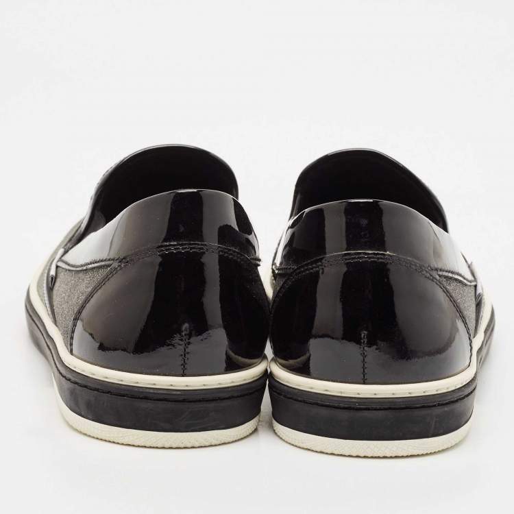 Pre Owned Jimmy Choo Black/Silver Patent Leather and Glitter Slip On Sneakers Size 44