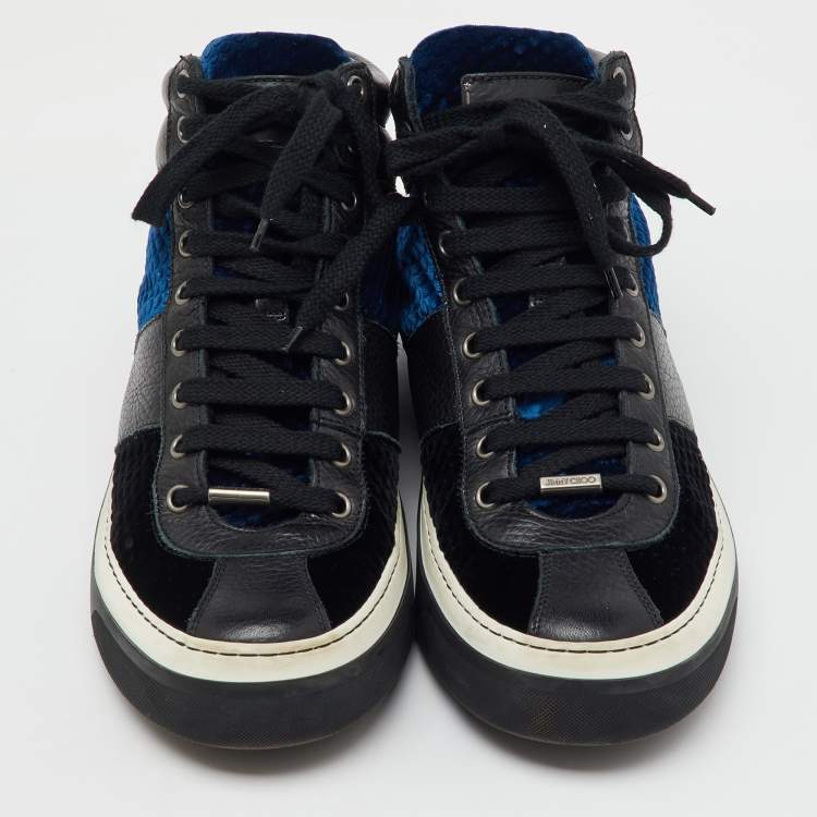 Pre Owned Jimmy Choo Black/Blue Leather and Velvet High Top Sneakers Size 41