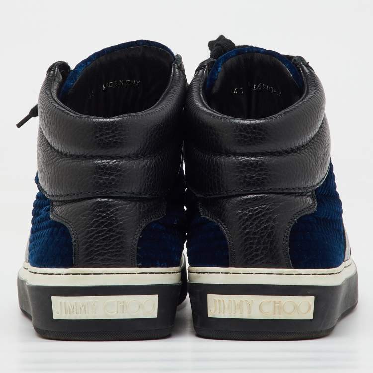 Pre Owned Jimmy Choo Black/Blue Leather and Velvet High Top Sneakers Size 41