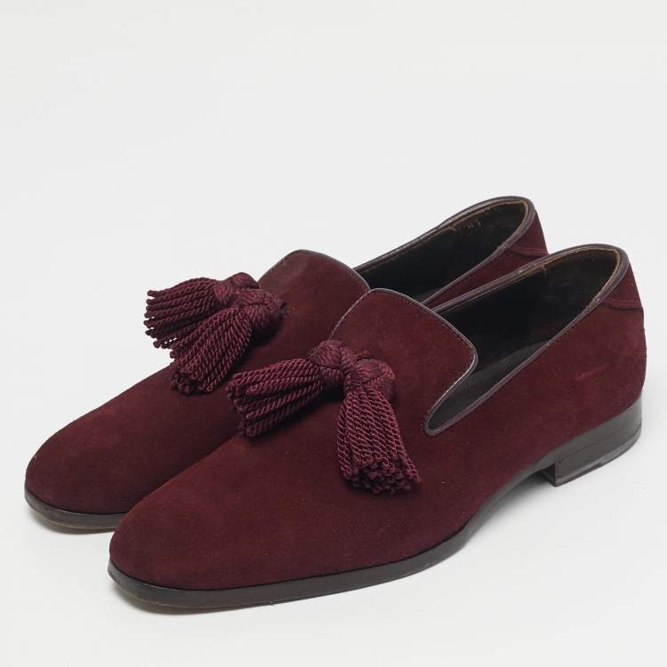Pre Owned Jimmy Choo Burgundy Suede Foxley Tassels Loafers Size 41