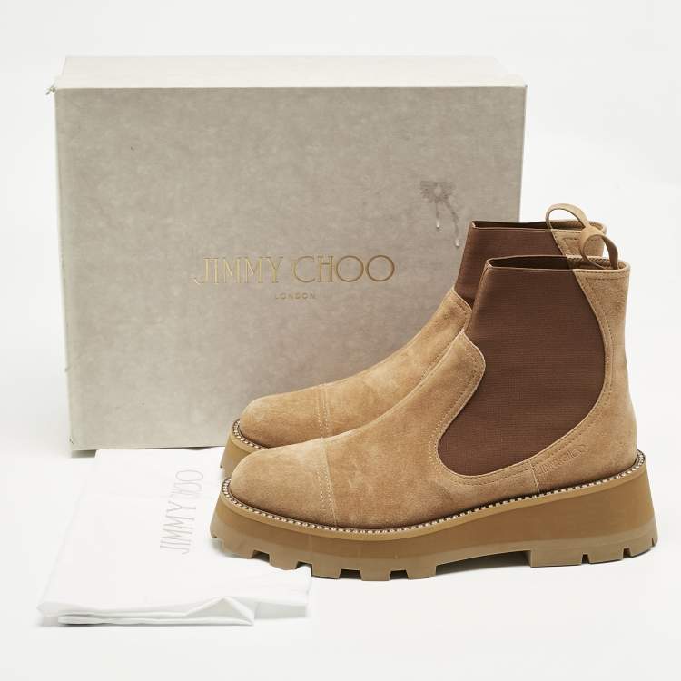 Pre Owned Jimmy Choo Beige Elastic and Suede Clayton Ankle Length Boots Size 42