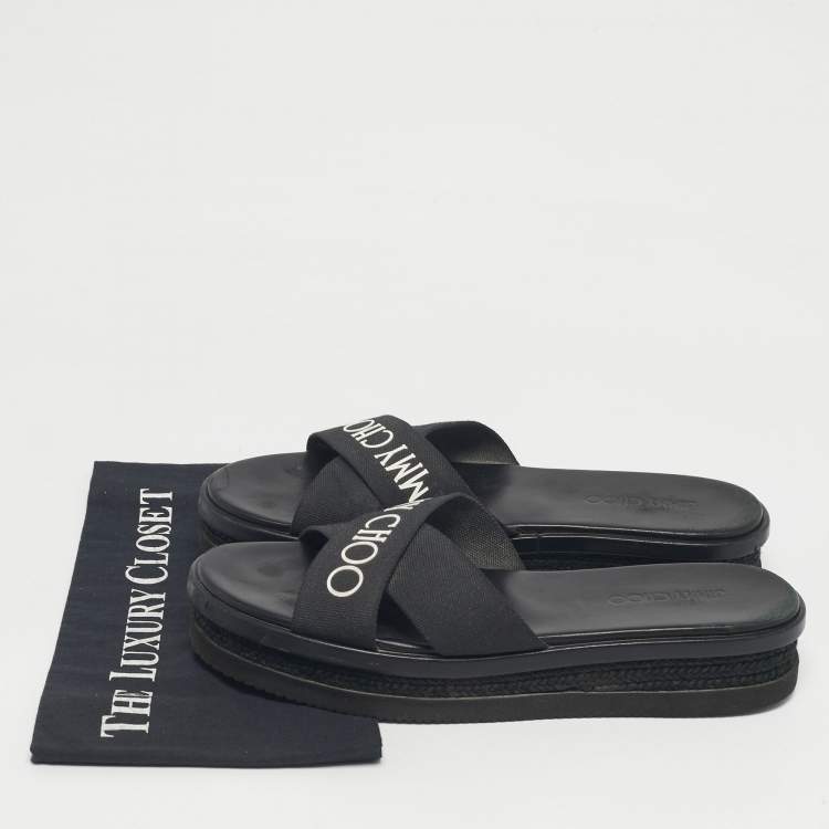 Pre Owned Jimmy Choo Black Canvas Crisscross Platform Flat Sandals Size 43