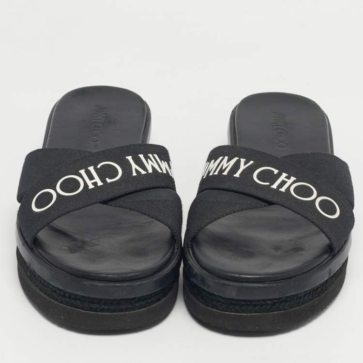 Pre Owned Jimmy Choo Black Canvas Crisscross Platform Flat Sandals Size 43