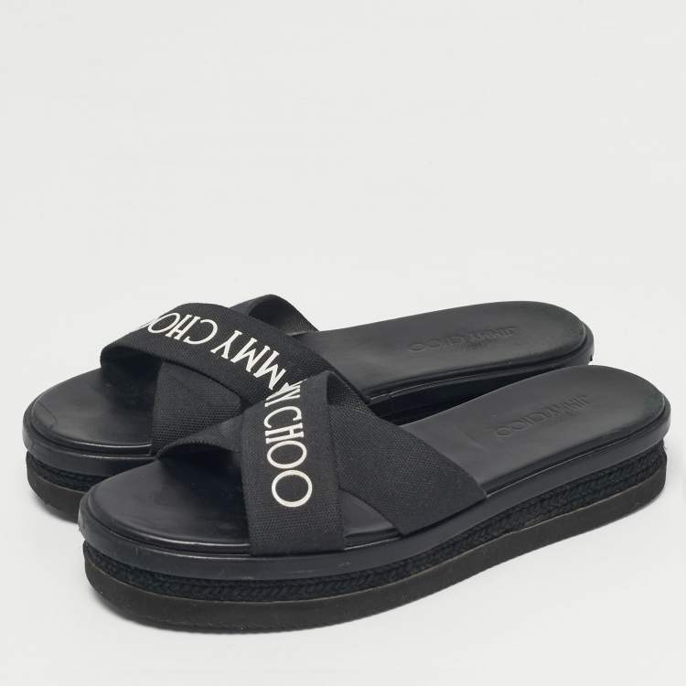 Pre Owned Jimmy Choo Black Canvas Crisscross Platform Flat Sandals Size 43