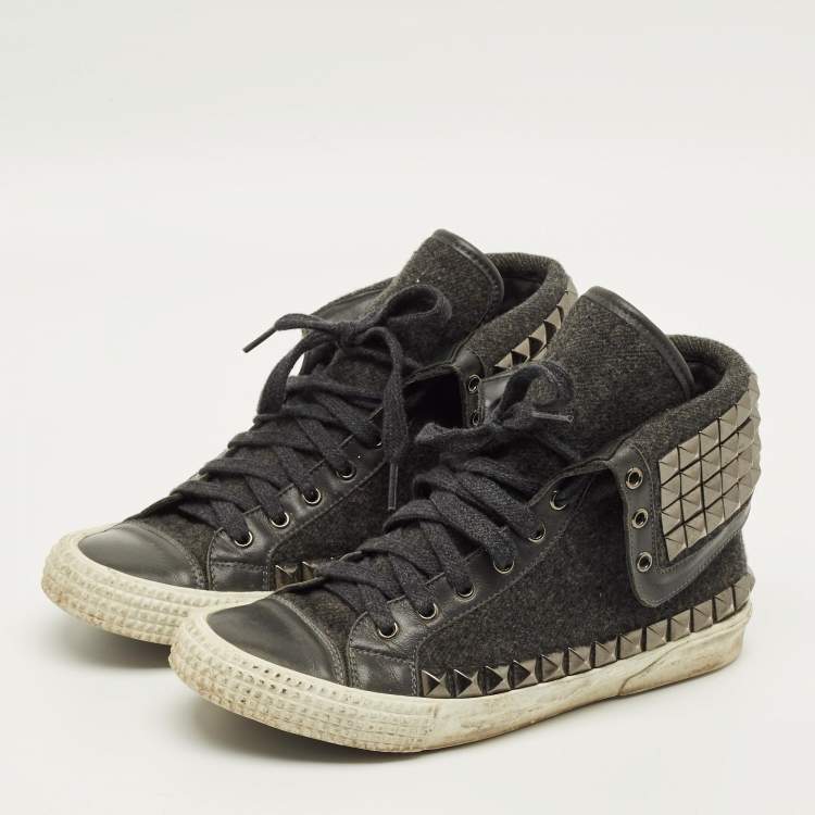 Pre Owned Jimmy Choo Size 41 Grey Leather and Wool Studded Spencer Lace Up Sneakers