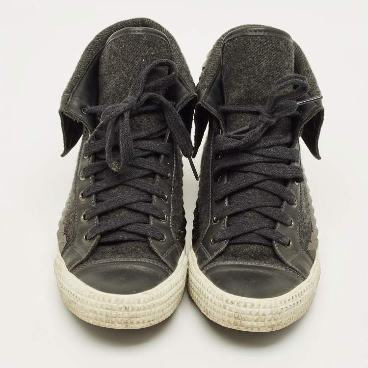 Pre Owned Jimmy Choo Size 41 Grey Leather and Wool Studded Spencer Lace Up Sneakers