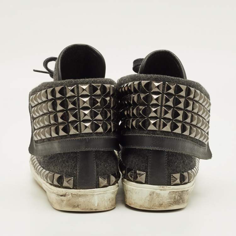 Pre Owned Jimmy Choo Size 41 Grey Leather and Wool Studded Spencer Lace Up Sneakers