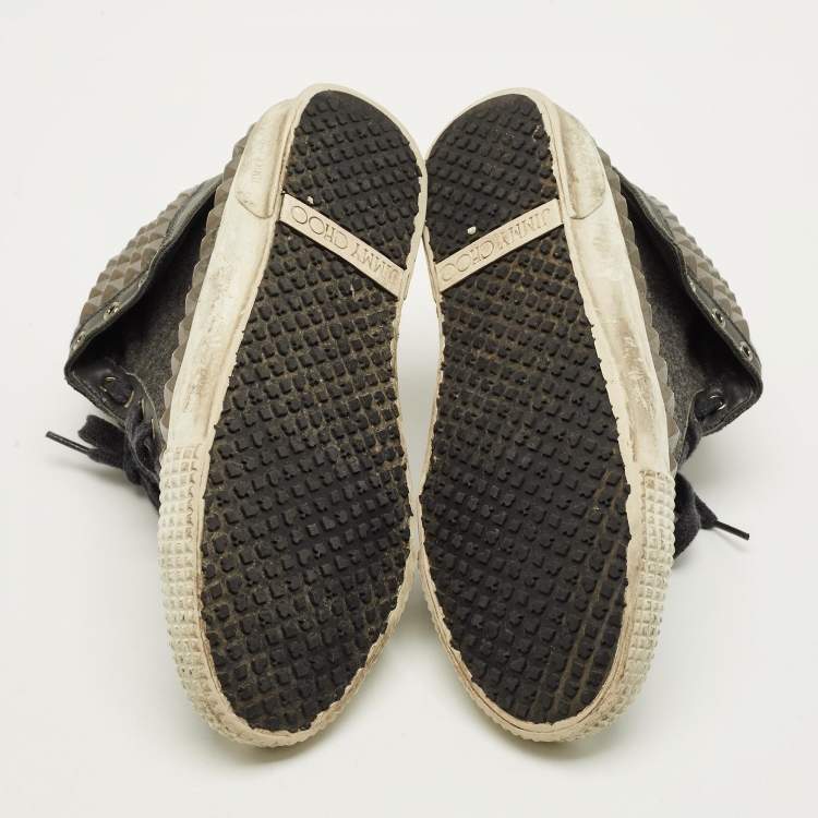 Pre Owned Jimmy Choo Size 41 Grey Leather and Wool Studded Spencer Lace Up Sneakers