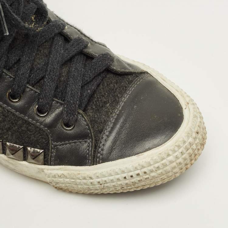 Pre Owned Jimmy Choo Size 41 Grey Leather and Wool Studded Spencer Lace Up Sneakers