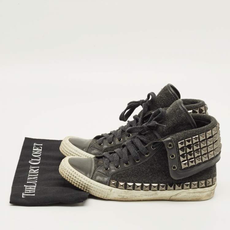 Pre Owned Jimmy Choo Size 41 Grey Leather and Wool Studded Spencer Lace Up Sneakers