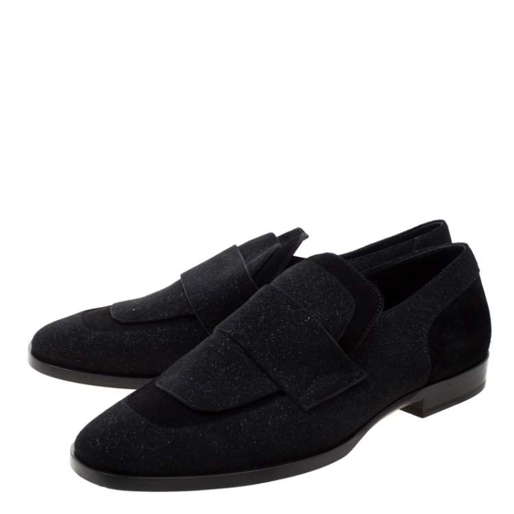 Pre Owned Jimmy Choo Black Glitter Texture Suede Loafers Size 43