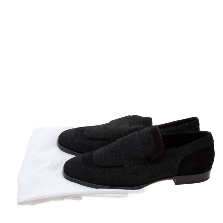 Pre Owned Jimmy Choo Black Glitter Texture Suede Loafers Size 43