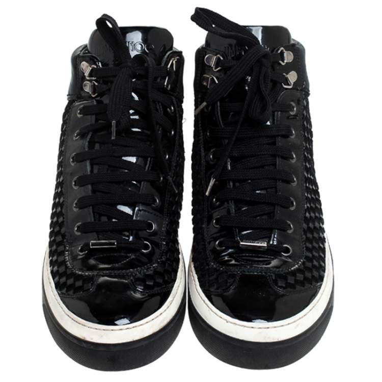 Pre Owned Jimmy Choo Black Woven Leather Argyle High Top Sneakers Size 42