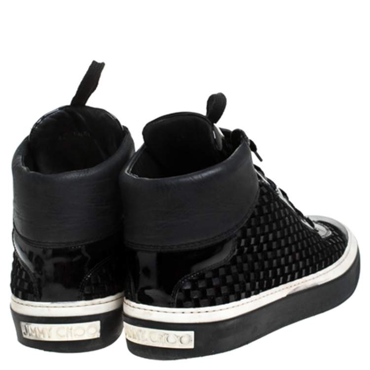 Pre Owned Jimmy Choo Black Woven Leather Argyle High Top Sneakers Size 42