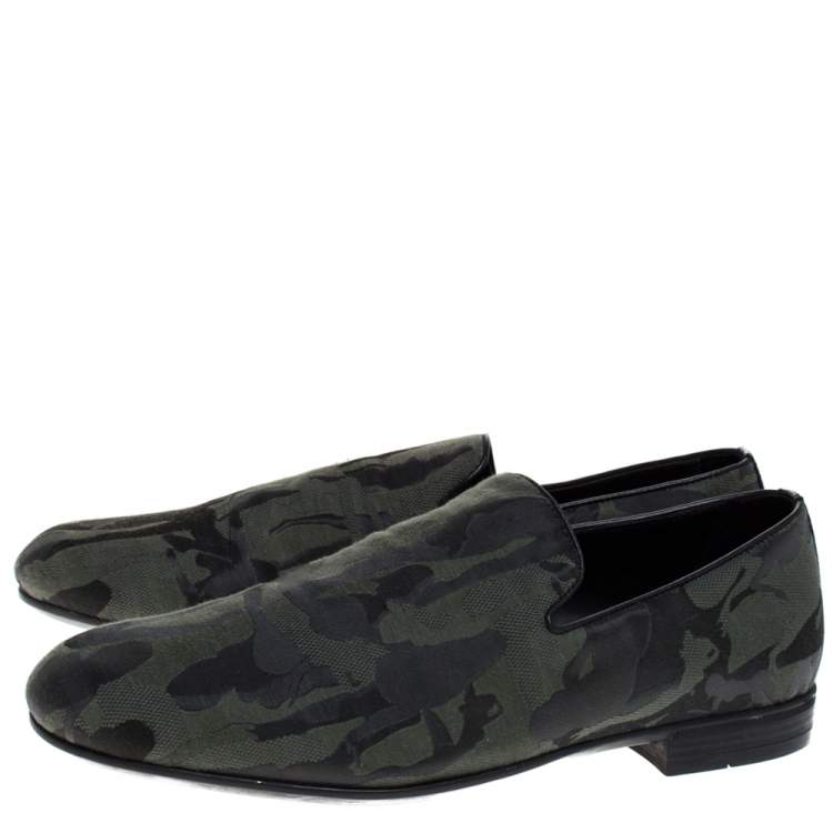 Pre Owned Jimmy Choo Green/Black Camouflage Fabric Sloane Smoking Slippers Size 43