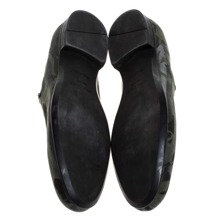 Pre Owned Jimmy Choo Green/Black Camouflage Fabric Sloane Smoking Slippers Size 43