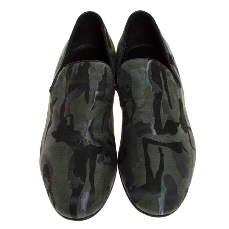 Pre Owned Jimmy Choo Green/Black Camouflage Fabric Sloane Smoking Slippers Size 43