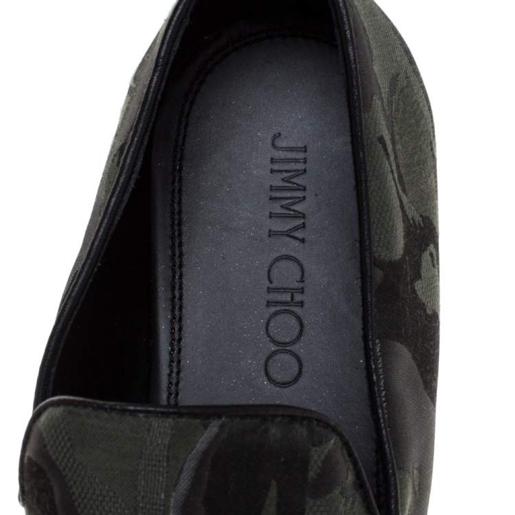 Pre Owned Jimmy Choo Green/Black Camouflage Fabric Sloane Smoking Slippers Size 43