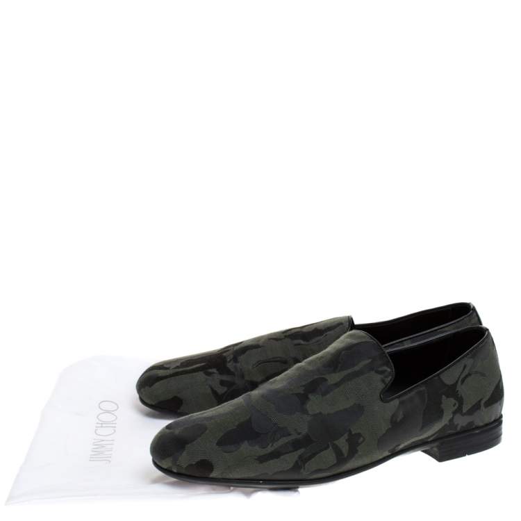 Pre Owned Jimmy Choo Green/Black Camouflage Fabric Sloane Smoking Slippers Size 43