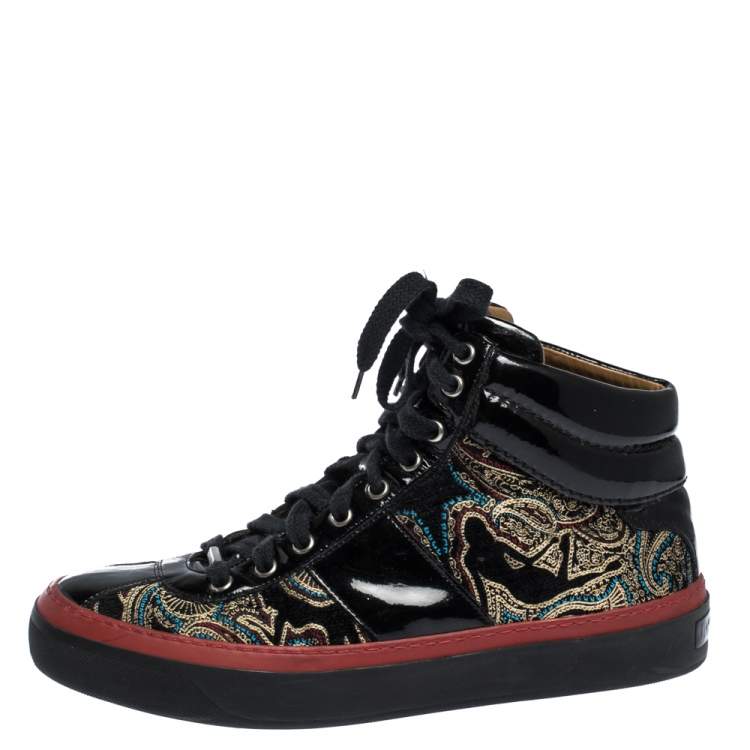 Pre Owned Jimmy Choo Multicolor Printed Canvas and Patent Leather High Top Sneakers Size 41