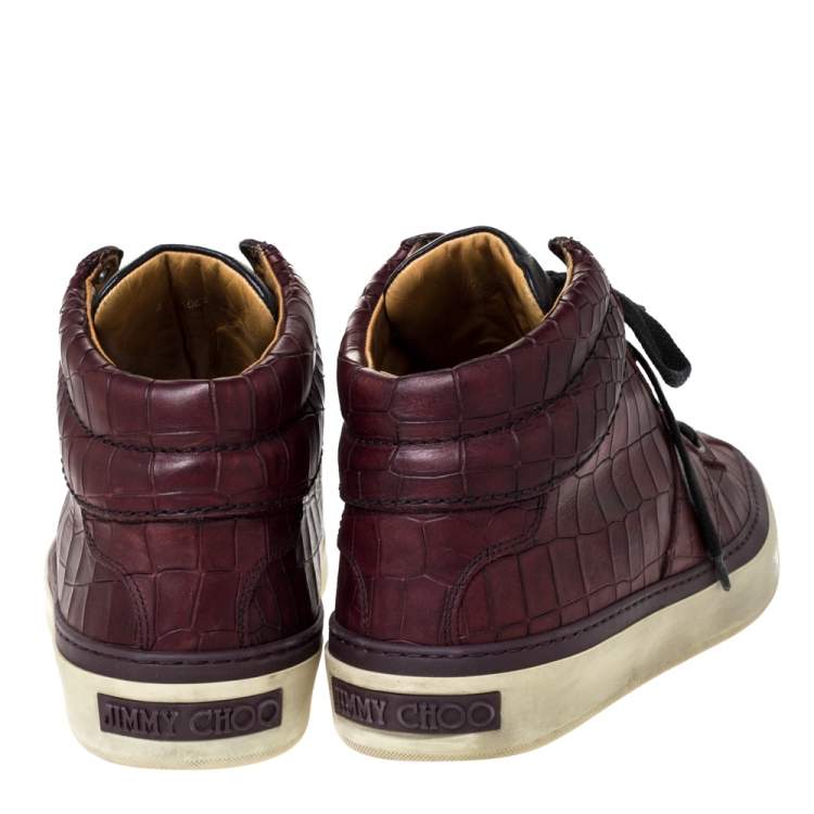Pre Owned Jimmy Choo Burgundy Croc Embossed Leather Belgravia High Top Sneakers Size 42