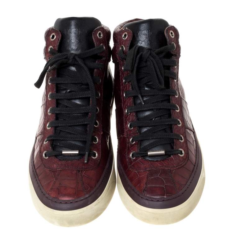 Pre Owned Jimmy Choo Burgundy Croc Embossed Leather Belgravia High Top Sneakers Size 42