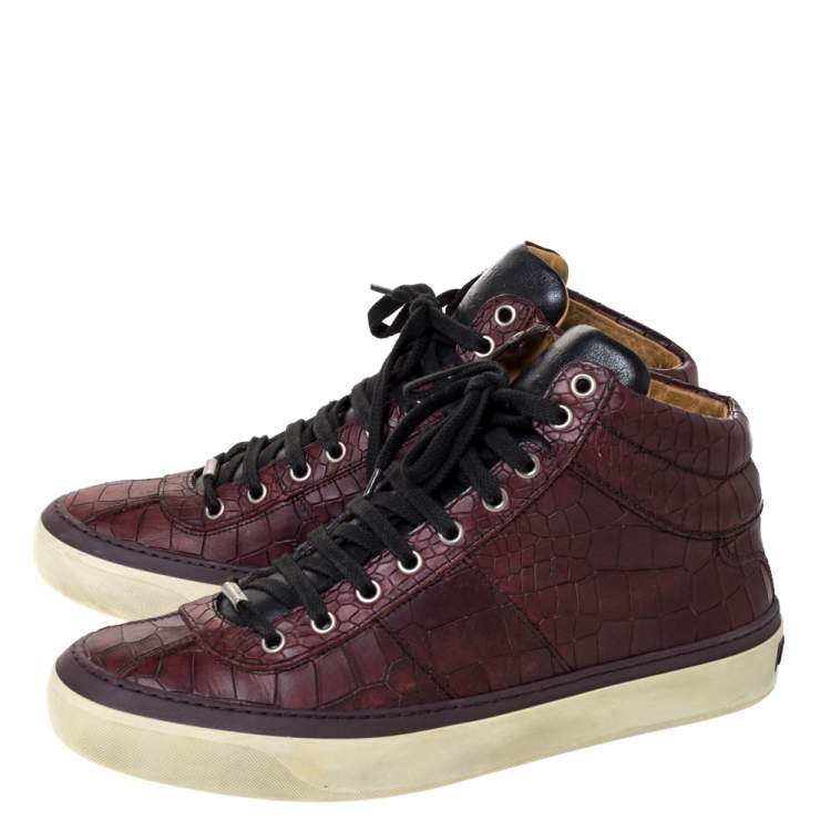 Pre Owned Jimmy Choo Burgundy Croc Embossed Leather Belgravia High Top Sneakers Size 42