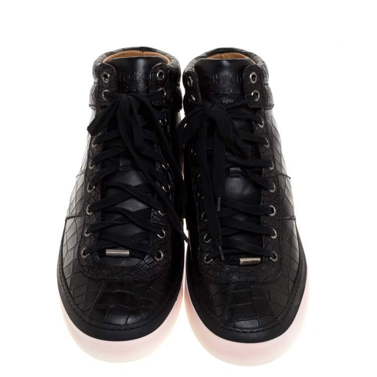 Pre Owned Jimmy Choo Black Croc Embossed Leather Belgravia High Top Sneakers Size 44