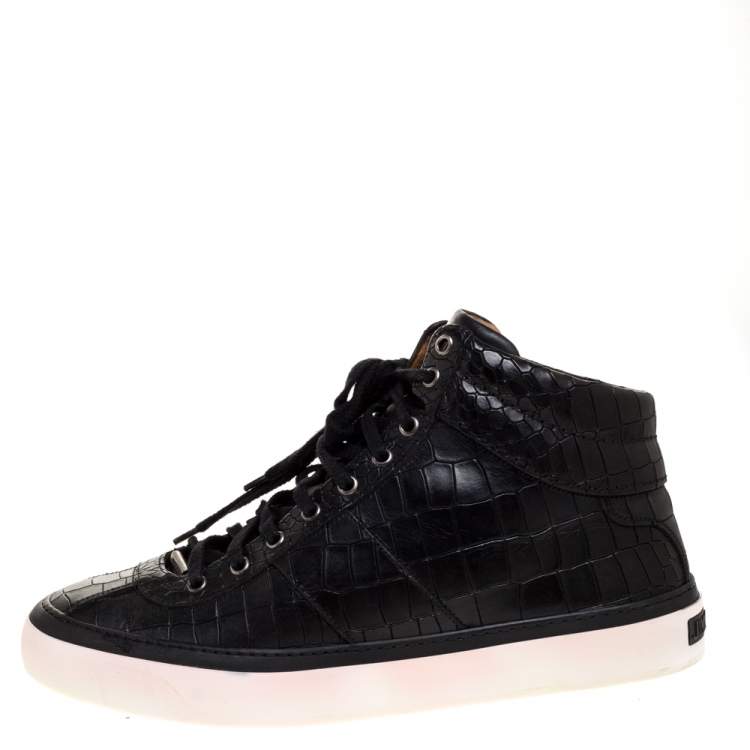 Pre Owned Jimmy Choo Black Croc Embossed Leather Belgravia High Top Sneakers Size 44