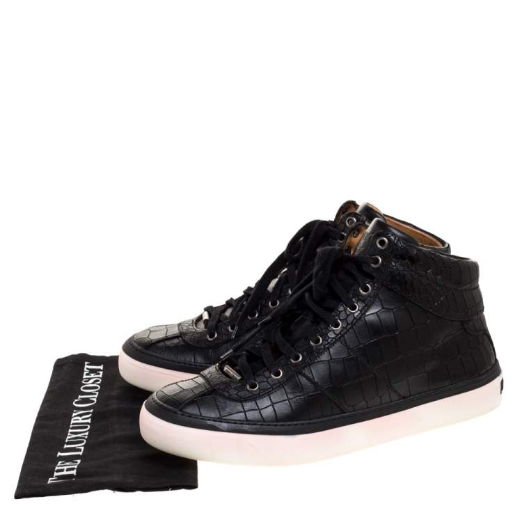 Pre Owned Jimmy Choo Black Croc Embossed Leather Belgravia High Top Sneakers Size 44