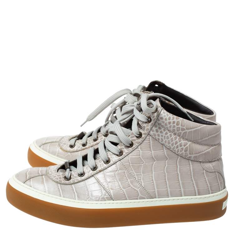 Pre Owned Jimmy Choo Grey Croc Embossed Leather High Top Sneakers Size 43