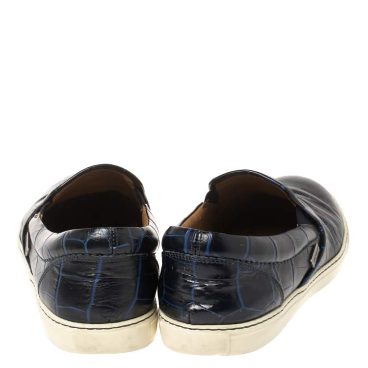 Pre Owned Jimmy Choo Navy Blue Croc Embossed Leather Slip On Sneakers Size 42