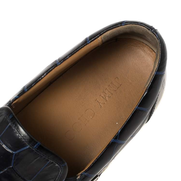 Pre Owned Jimmy Choo Navy Blue Croc Embossed Leather Slip On Sneakers Size 42