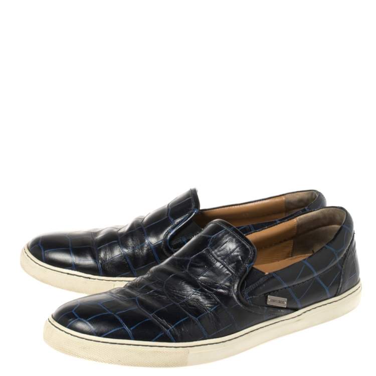 Pre Owned Jimmy Choo Navy Blue Croc Embossed Leather Slip On Sneakers Size 42