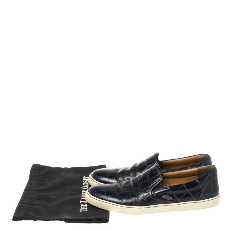 Pre Owned Jimmy Choo Navy Blue Croc Embossed Leather Slip On Sneakers Size 42