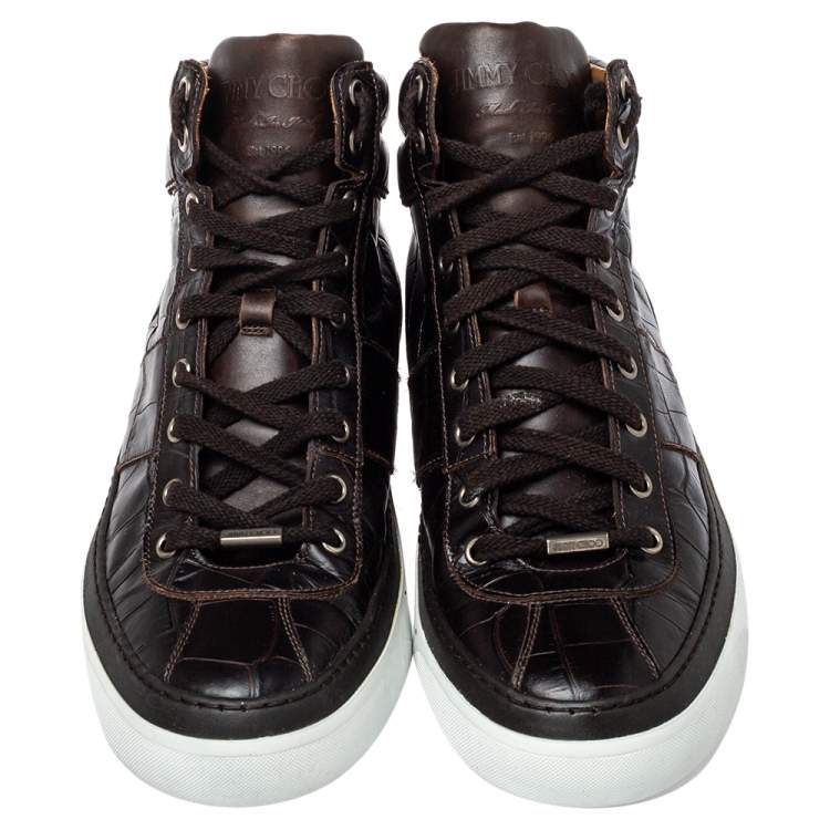 Pre Owned Jimmy Choo Brown Crocodile Embossed Leather Belgravia High Top Sneakers Size 43