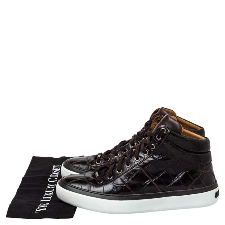 Pre Owned Jimmy Choo Brown Crocodile Embossed Leather Belgravia High Top Sneakers Size 43