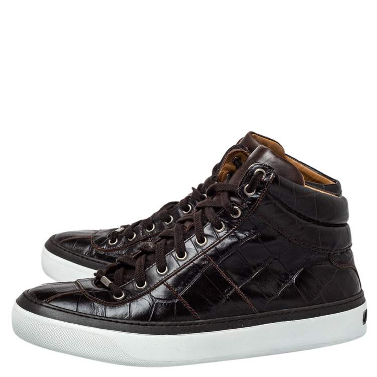 Pre Owned Jimmy Choo Brown Crocodile Embossed Leather Belgravia High Top Sneakers Size 43