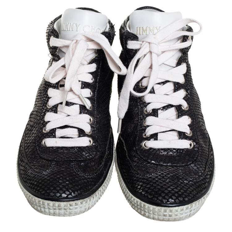 Pre Owned Jimmy Choo Metallic Black Python Embossed Leather High Top Sneakers Size 43