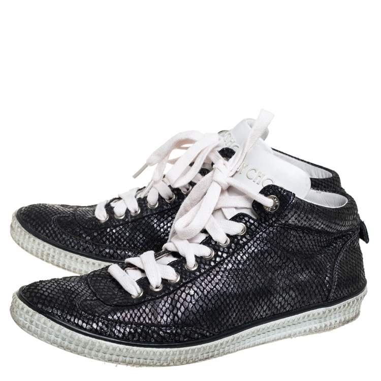 Pre Owned Jimmy Choo Metallic Black Python Embossed Leather High Top Sneakers Size 43