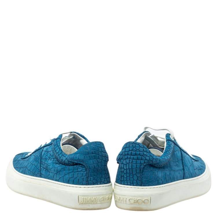 Pre Owned Jimmy Choo Blue Croc Embossed Leather Low Top  Sneakers Size 42