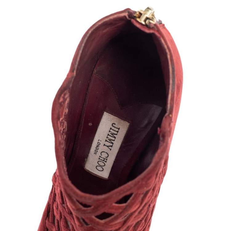 Pre Owned  Jimmy Choo Burgundy Suede Drift Cutout Peep-Toe Booties Size 39