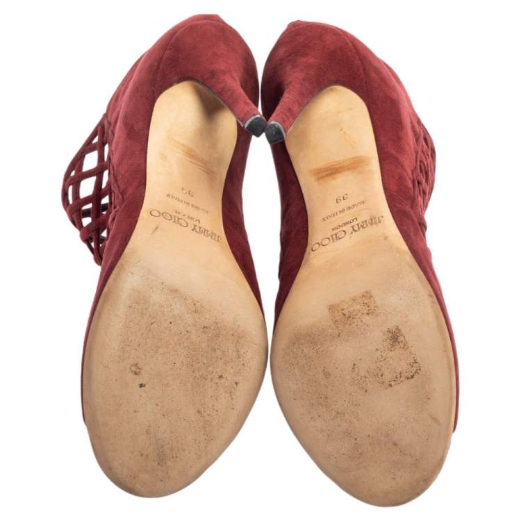 Pre Owned  Jimmy Choo Burgundy Suede Drift Cutout Peep-Toe Booties Size 39