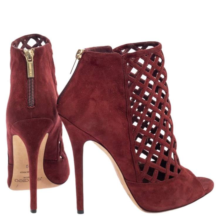 Pre Owned  Jimmy Choo Burgundy Suede Drift Cutout Peep-Toe Booties Size 39