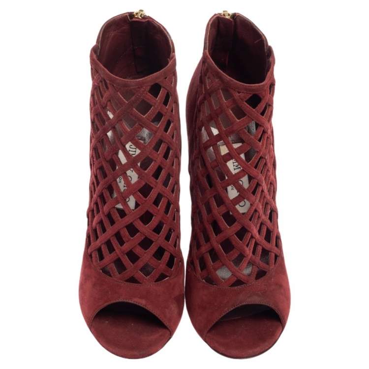 Pre Owned  Jimmy Choo Burgundy Suede Drift Cutout Peep-Toe Booties Size 39
