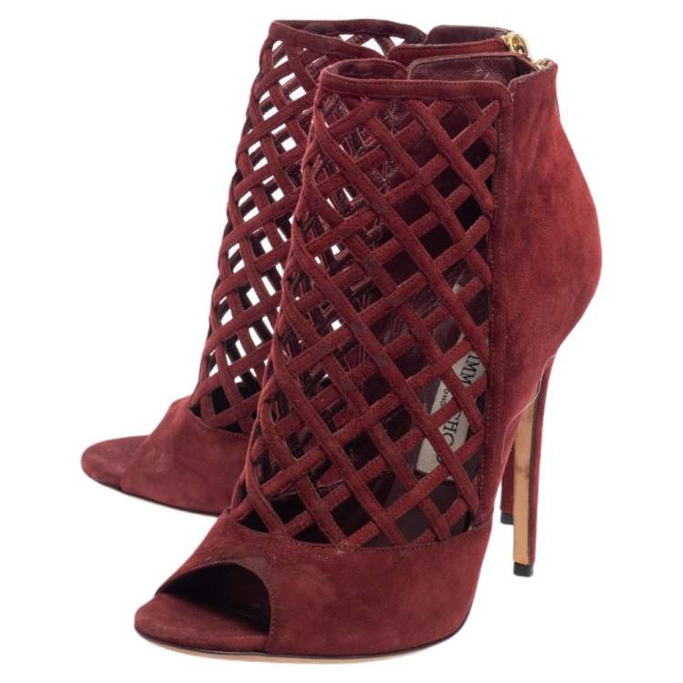 Pre Owned  Jimmy Choo Burgundy Suede Drift Cutout Peep-Toe Booties Size 39