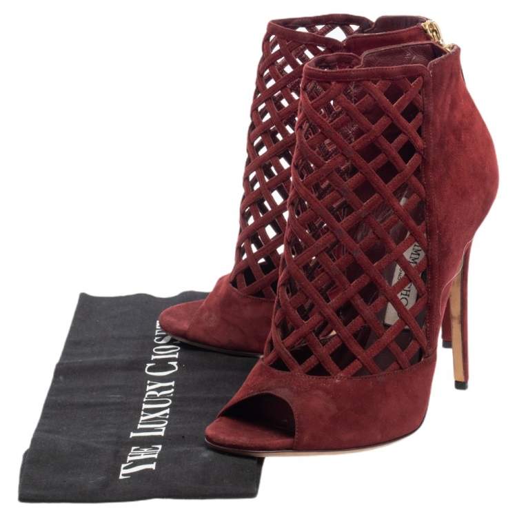 Pre Owned  Jimmy Choo Burgundy Suede Drift Cutout Peep-Toe Booties Size 39